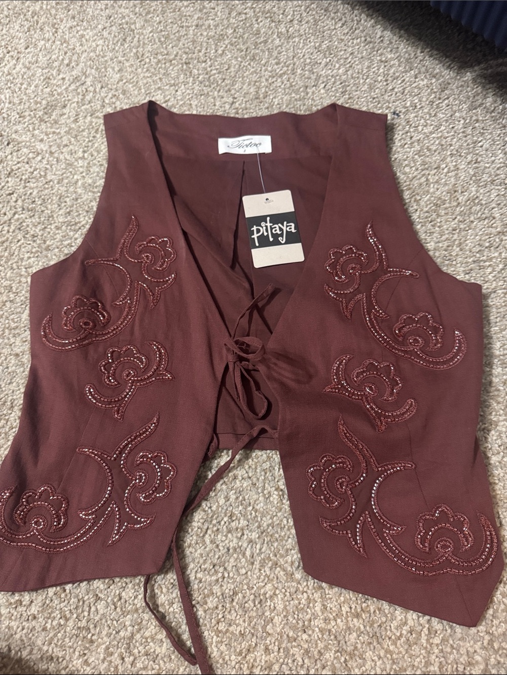 Pitaya Women's Brown Embroidered Tie-Front Vest
